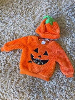 2pc Outfit Baby Orange Pumpkin 'My First Halloween' Costume Sweater Hat Set NWOT